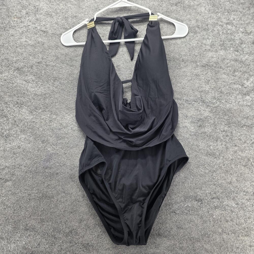 Bar III One Piece Womens M Black Lined Backless Halter Adjustable Bow Stretch
